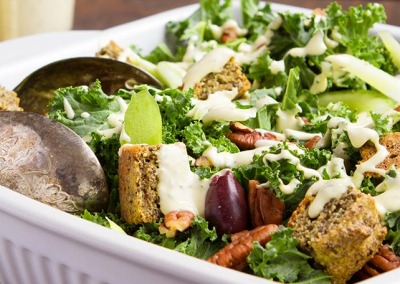 Kale Salad with Olives, Chia Croutons + Creamy Lemon-Rosemary Dressing