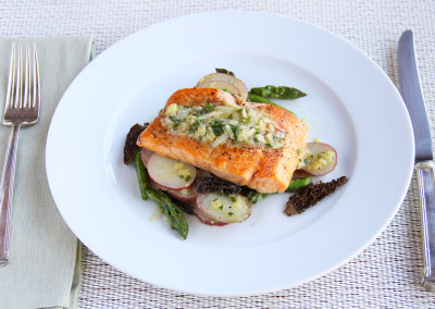 Sustainable Arctic Char with Potato-Morel Salad and Leek Vinaigrette